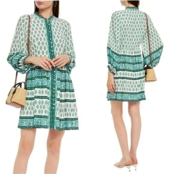 Sandro Naima Mini Dress NWT FR 42 US 10 Green White Floral Print Buttoned - Picture 1 of 13